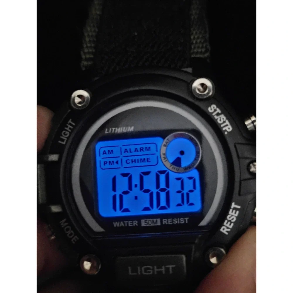 Men's Sports Digital Watch 46MM Black Green Nylon Band Compass New Battery